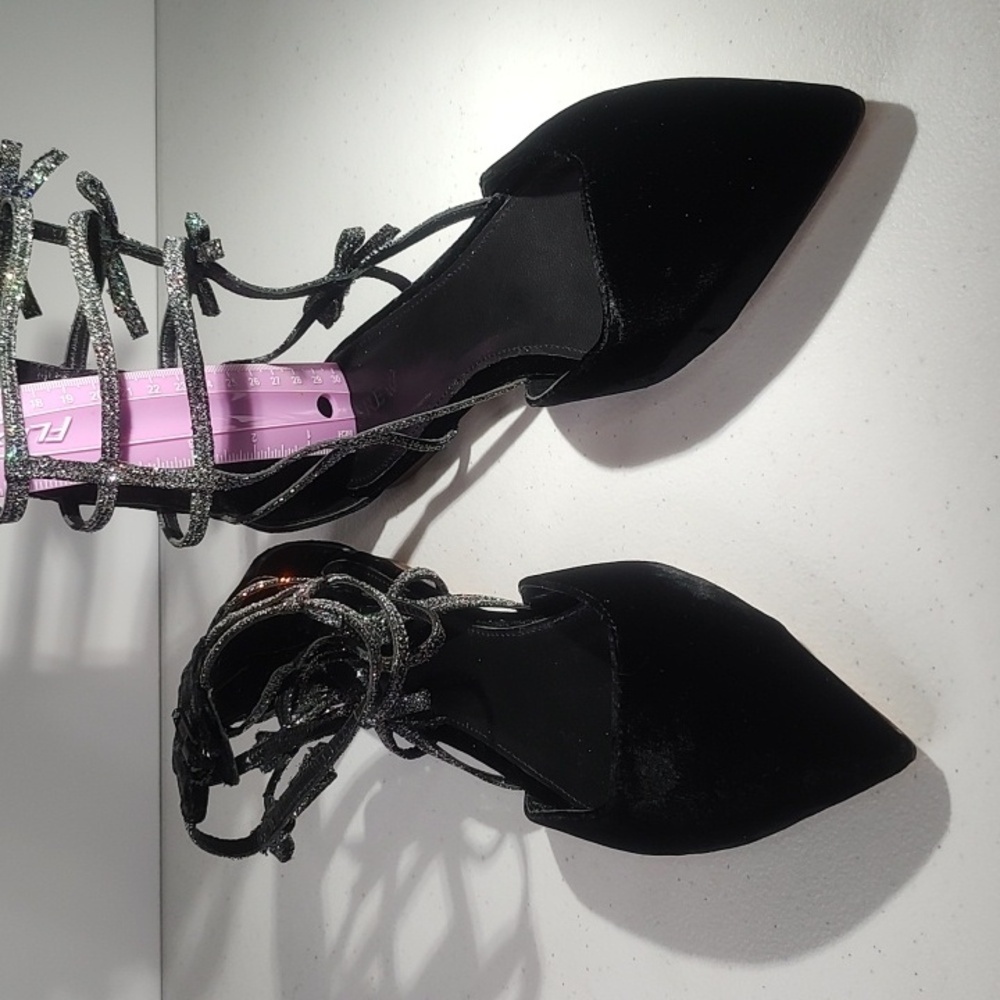 Elegant Black Velvet J. Crew Shoes, Flats With 3 Glitter Straps Up The Ankle